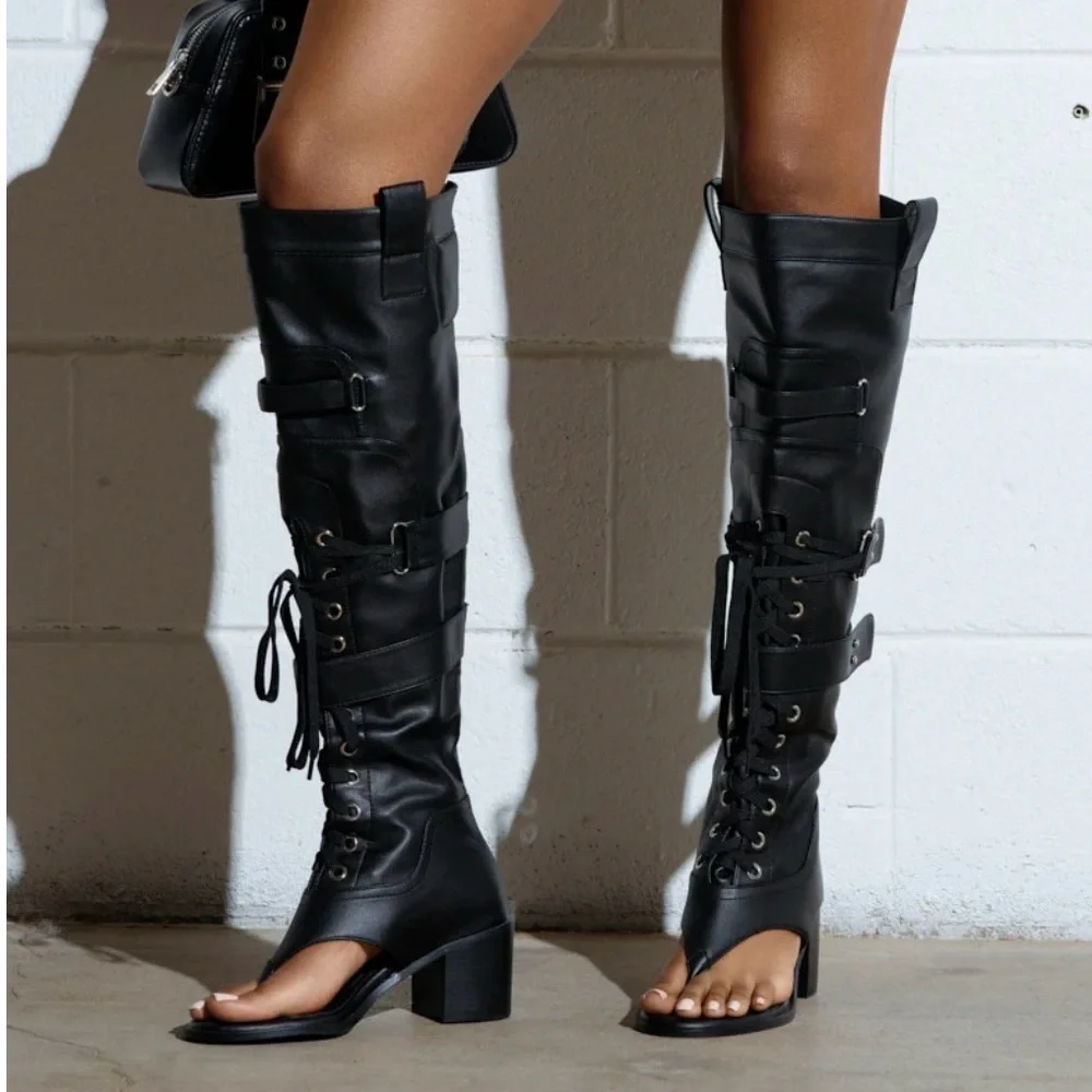 Elegant Black Over the Knee Lace-Up Boots
